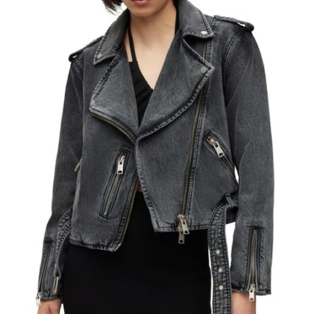 AllSaints Charcoal Gray Denim Biker Jacket
